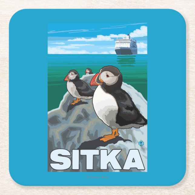 Puffins & Cruise Ship - Sitka, Alaska Square Paper Coaster (Front)