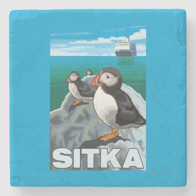 Puffins & Cruise Ship - Sitka, Alaska Stone Coaster (Front)