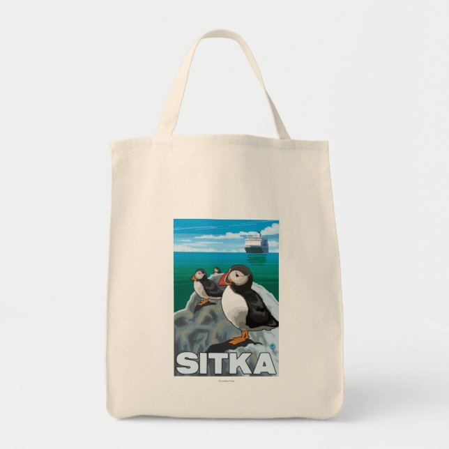 Puffins & Cruise Ship - Sitka, Alaska Tote Bag (Front)