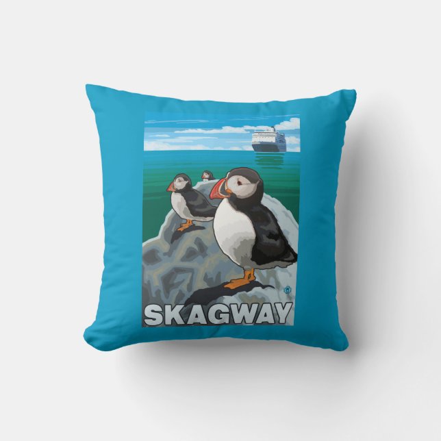 Puffins & Cruise Ship - Skagway, Alaska Cushion (Front)