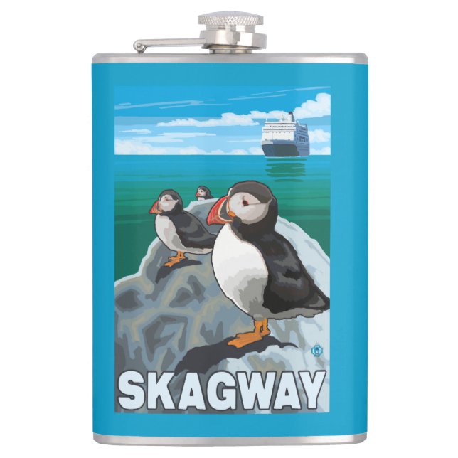 Puffins & Cruise Ship - Skagway, Alaska Hip Flask (Front)