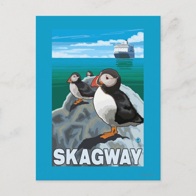 Puffins & Cruise Ship - Skagway, Alaska Postcard (Front)