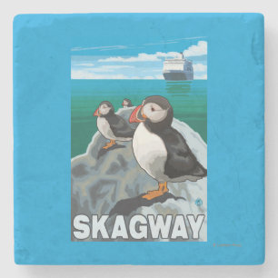 Puffins & Cruise Ship - Skagway, Alaska Stone Coaster