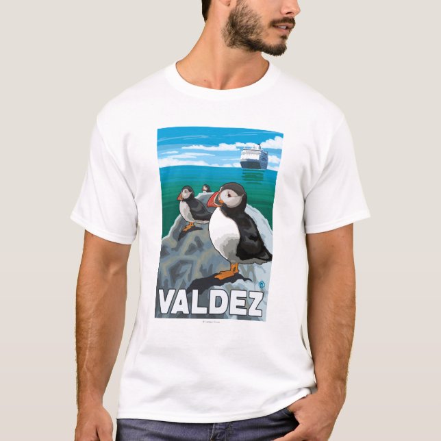 Puffins & Cruise Ship - Valdez, Alaska T-Shirt (Front)