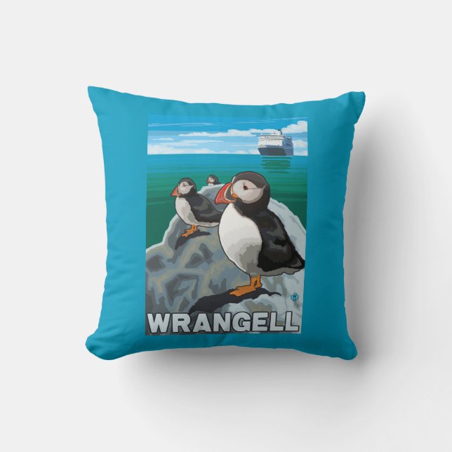 Puffins & Cruise Ship - Wrangell, Alaska Cushion (Front)