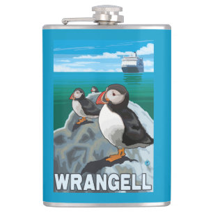 Puffins & Cruise Ship - Wrangell, Alaska Hip Flask