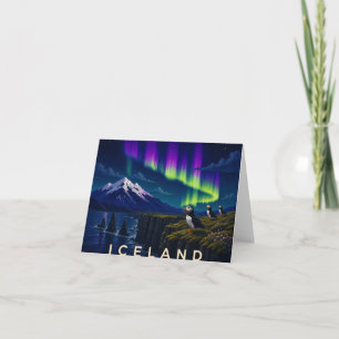 Puffins on Cliff Northern Lights Iceland Thank You Card
