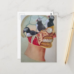 Puffins on the Brain Surreal mixed media collage Postcard