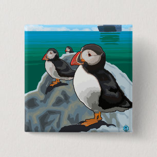 Puffins watching a Cruise Ship 15 Cm Square Badge