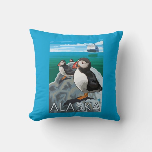 Puffins watching a Cruise Ship Cushion (Front)