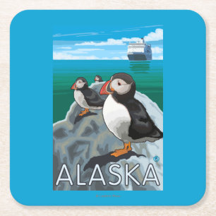 Puffins watching a Cruise Ship Square Paper Coaster