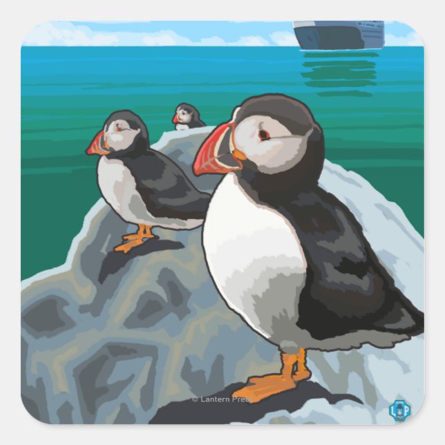 Puffins watching a Cruise Ship Square Sticker (Front)