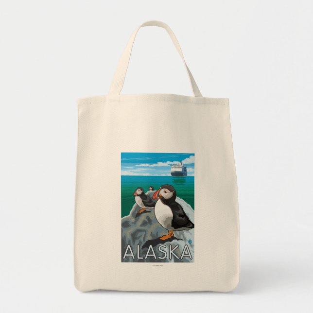 Puffins watching a Cruise Ship Tote Bag (Front)