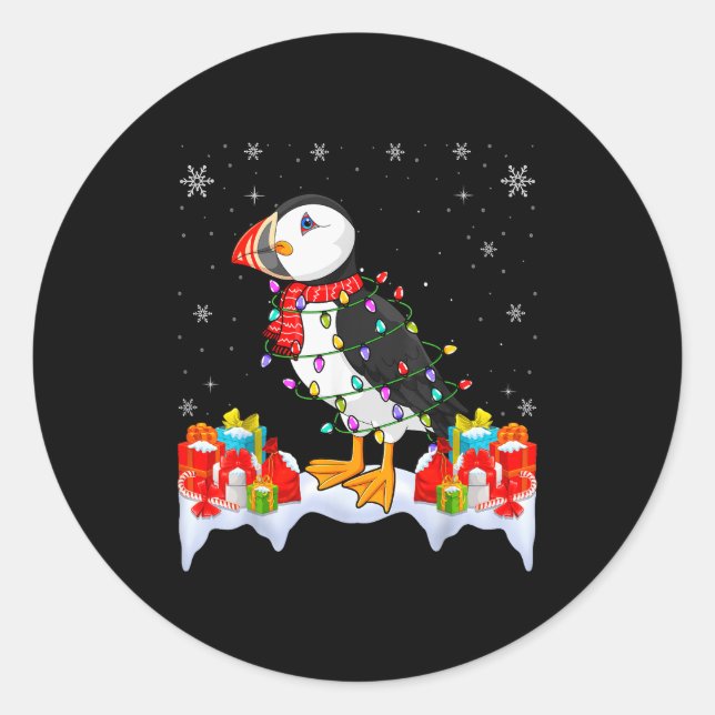 Puffins Wearing Xmas Light - Puffins Lover Christm Classic Round Sticker (Front)