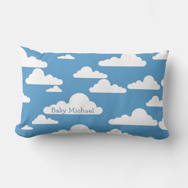 Puffy Clouds Blue Sky Custom Baby Boy Kids Name Lumbar Cushion (Front)