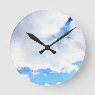 Puffy White Clouds and Blue Sky Round Clock