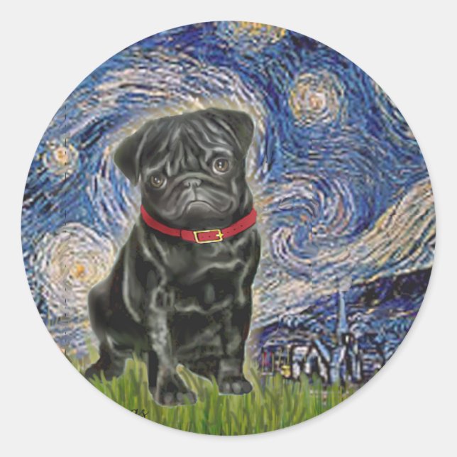 Pug 13 (black) - Starry Night Classic Round Sticker (Front)
