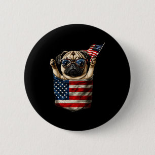 Pug 4th Of July In Pocket America USA Flag 6 Cm Round Badge