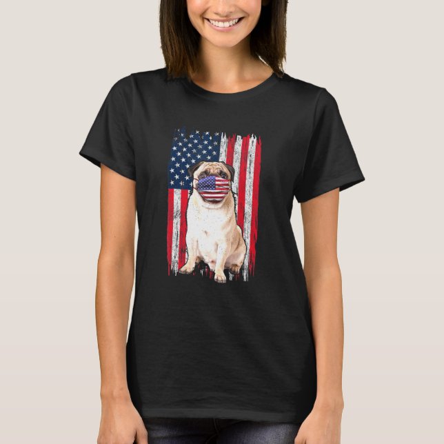 Pug American Flag Dog Wears Face Mask 4th Of July  T-Shirt (Front)