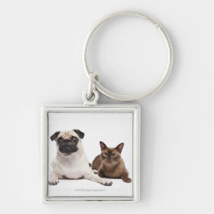 Pug and Burmese cat Key Ring