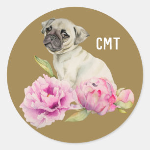 Pug and Peonies   Dog Art   Monogram Classic Round Sticker