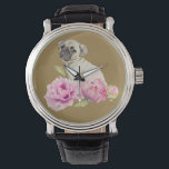 Pug and Peonies | Watercolor Illustration Watch<br><div class="desc">This is a watercolor painting of a puppy pug sitting in the middle of peony flowers. The flowers are starting as a bud on the right and slowly blooming to its fullest as it goes to the left.</div>