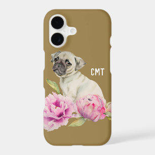 Pug and Peonies   Watercolor Painting   Monogram