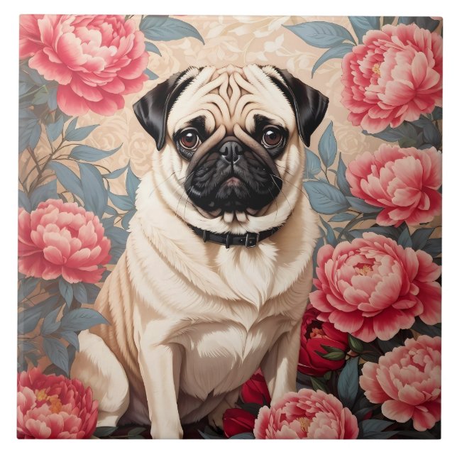Pug And Peony Flowers William Morris Inspired Ceramic Tile (Front)