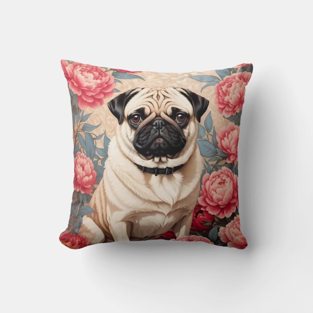 Pug And Peony Flowers William Morris Inspired Cushion (Front)