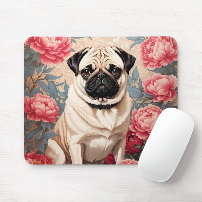 Pug And Peony Flowers William Morris Inspired Mouse Pad (With Mouse)
