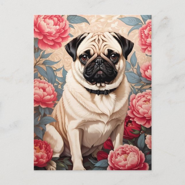 Pug And Peony Flowers William Morris Inspired Postcard (Front)
