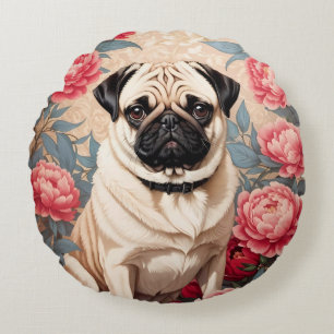 Pug And Peony Flowers William Morris Inspired Round Cushion