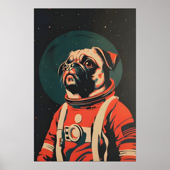 Pug Astronaut Poster, Pug Retro Print, Pug Poster (Front)