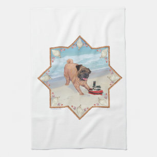 Pug at the Beach Tea Towel