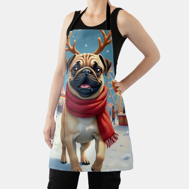 Pug at the Winter Fairgrounds Christmas Painting Apron (Insitu)