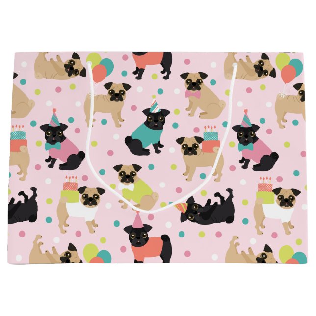 Pug Birthday Party Celebration Large Gift Bag (Front)