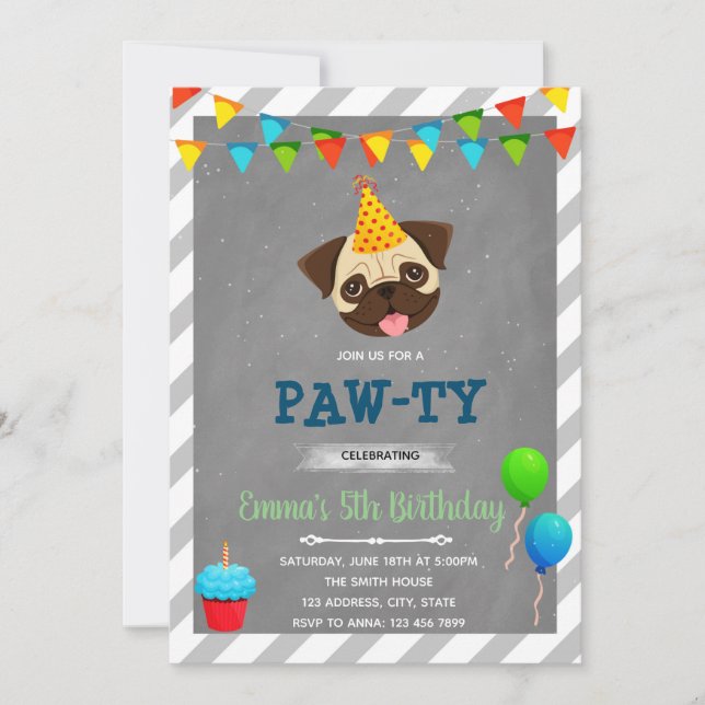 Pug birthday party invitation (Front)