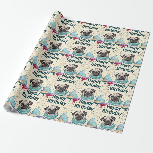 Pug Birthday Wrapping Paper (Unrolled)