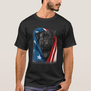 Pug Black Dog American Flag 4Th Of July Animal Pat T-Shirt