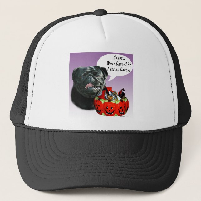 Pug (blk) Halloween Candy Trucker Hat (Front)
