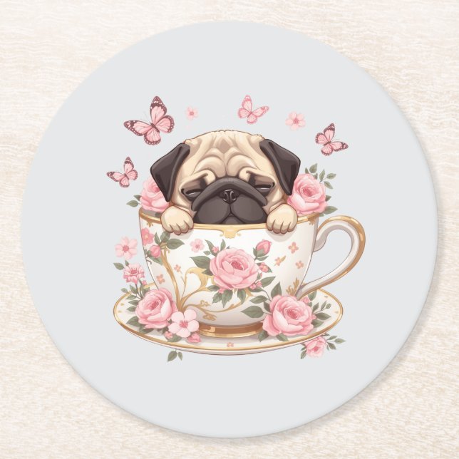 Pug Blossom Dreams Coaster – Cute Floral Pug Drink (Front)