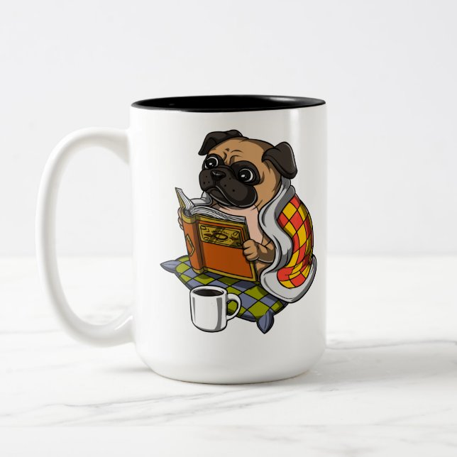 Pug Book Reading Lover Dog Cute Pet Two-Tone Coffee Mug (Left)