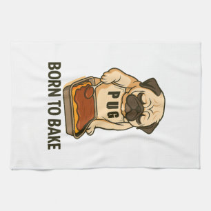 Pug Born to Bake Funny Dog Lover Tea Towel
