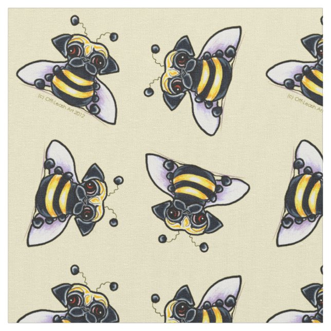 Pug Bumble Bees Butter White Fabric (Close Up)