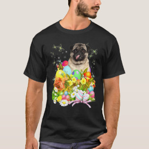 Pug Bunny Dog With Easter Eggs Basket Cool T-Shirt