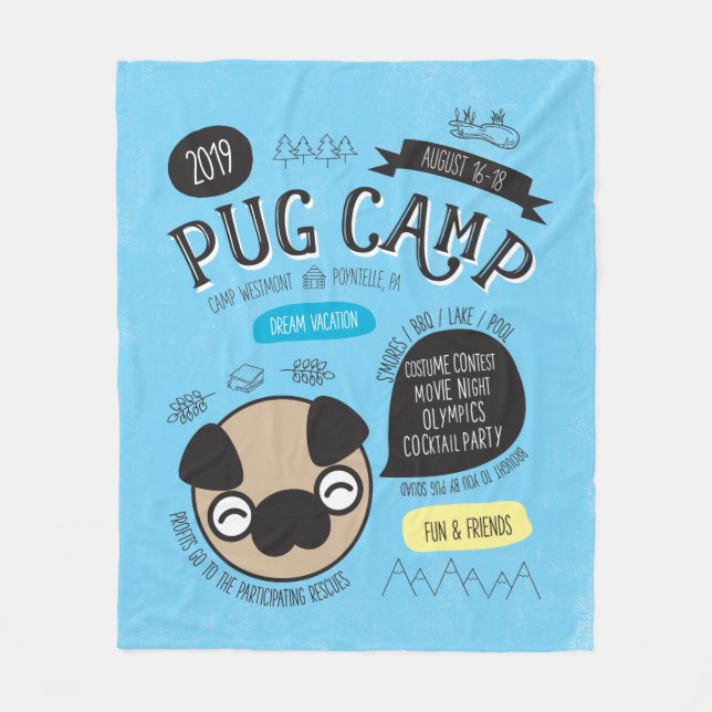 Pug Camp 2019 Fleece Throw Blanket (Front)