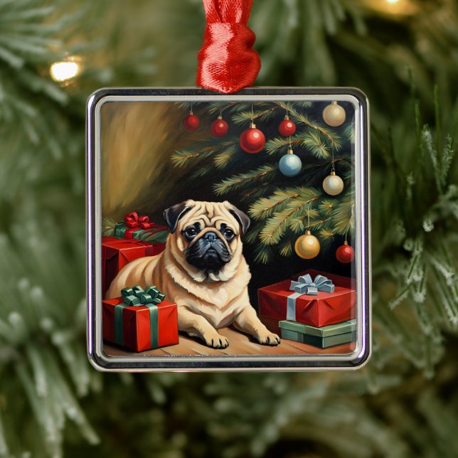 Pug celebrates Christmas Metal Ornament (Tree)