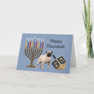 Pug Chanukah Card Menorah Dreidel