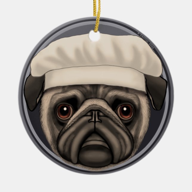 Pug Chef Ceramic Tree Decoration (Front)