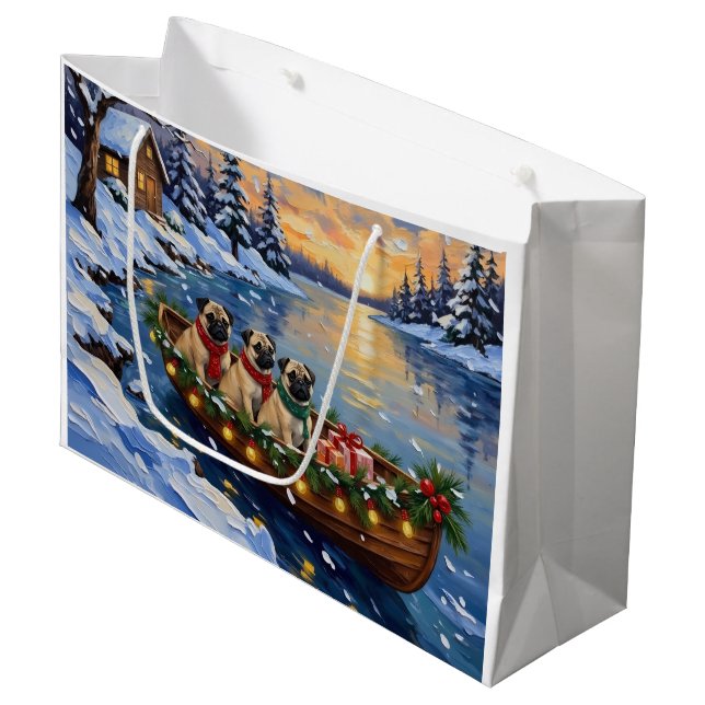 Pug Christmas Boat Holiday Large Gift Bag (Front Angled)